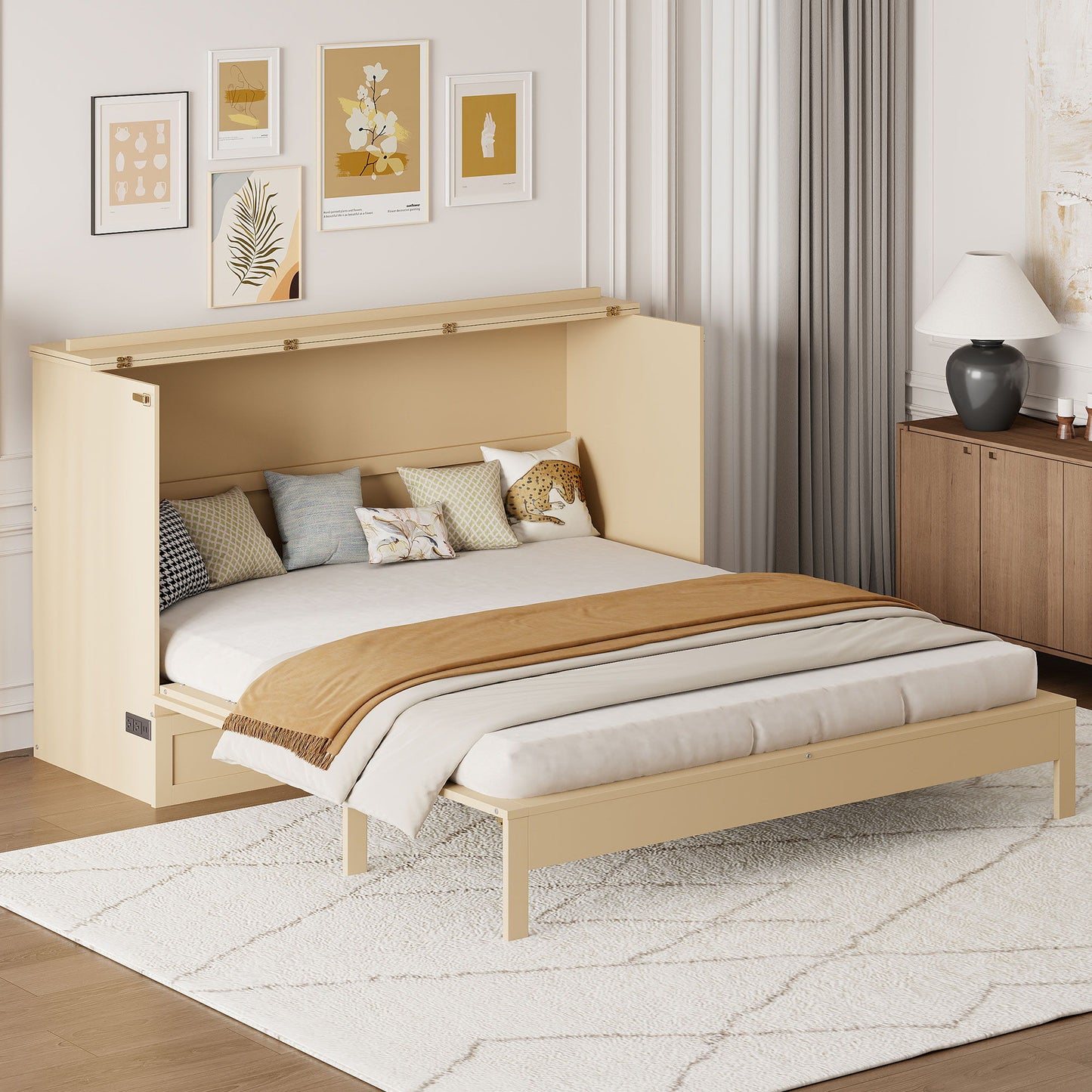 Queen Size Murphy Bed With Large Drawers, Gold