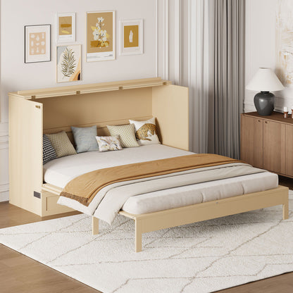 Queen Size Murphy Bed With Large Drawers, Gold