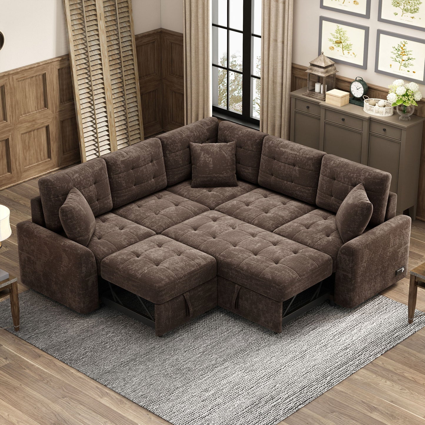 L-Shape Sofa Bed Pull-Out Sleeper Sofa With Wheels, USB Ports, Power Sockets For Living Room - Brown