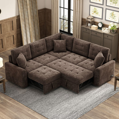 L-Shape Sofa Bed Pull-Out Sleeper Sofa With Wheels, USB Ports, Power Sockets For Living Room - Brown