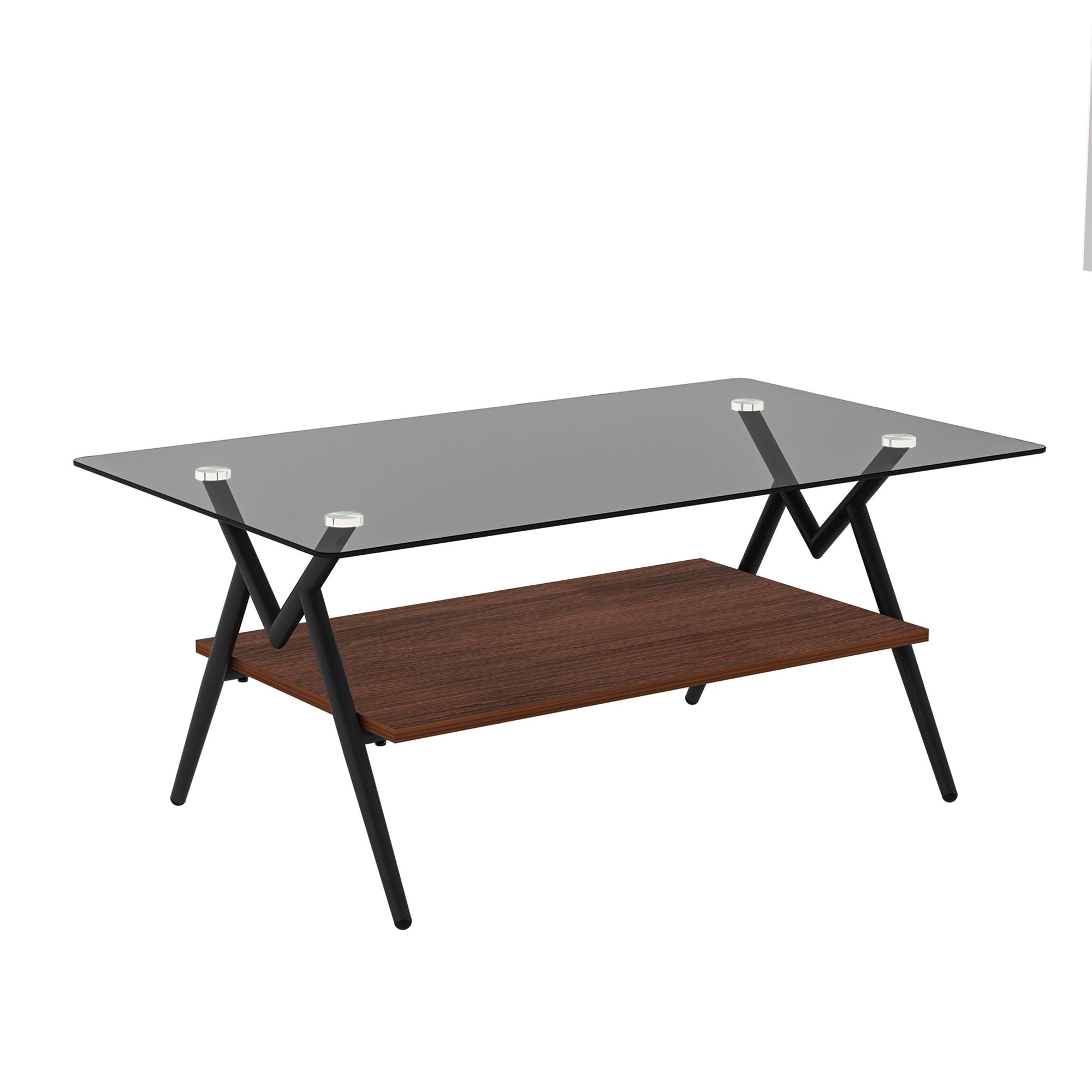Rectangle Coffee Table With Tempered Glass Top And Brown MDF Shelf, Modern Table For Living Room - Gray