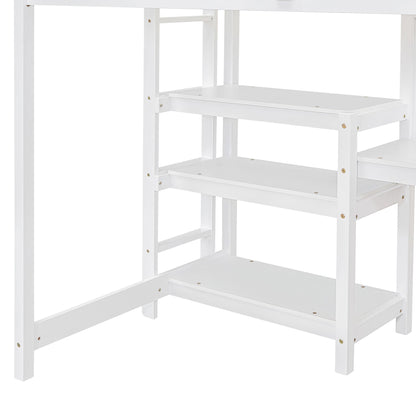 Twin Size Loft Bed With Shelves, Desk And Writing Board - White