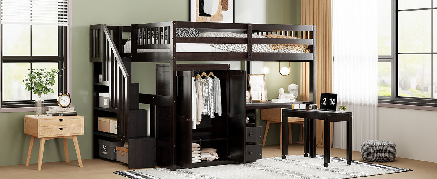Full Size Loft Bed With Stairs, Bookshelf, Drawers, Desk & Wardrobe, Space Saving Multifunctional Furniture - Espresso