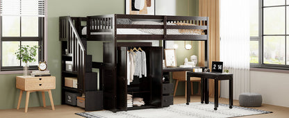 Full Size Loft Bed With Stairs, Bookshelf, Drawers, Desk & Wardrobe, Space Saving Multifunctional Furniture - Espresso