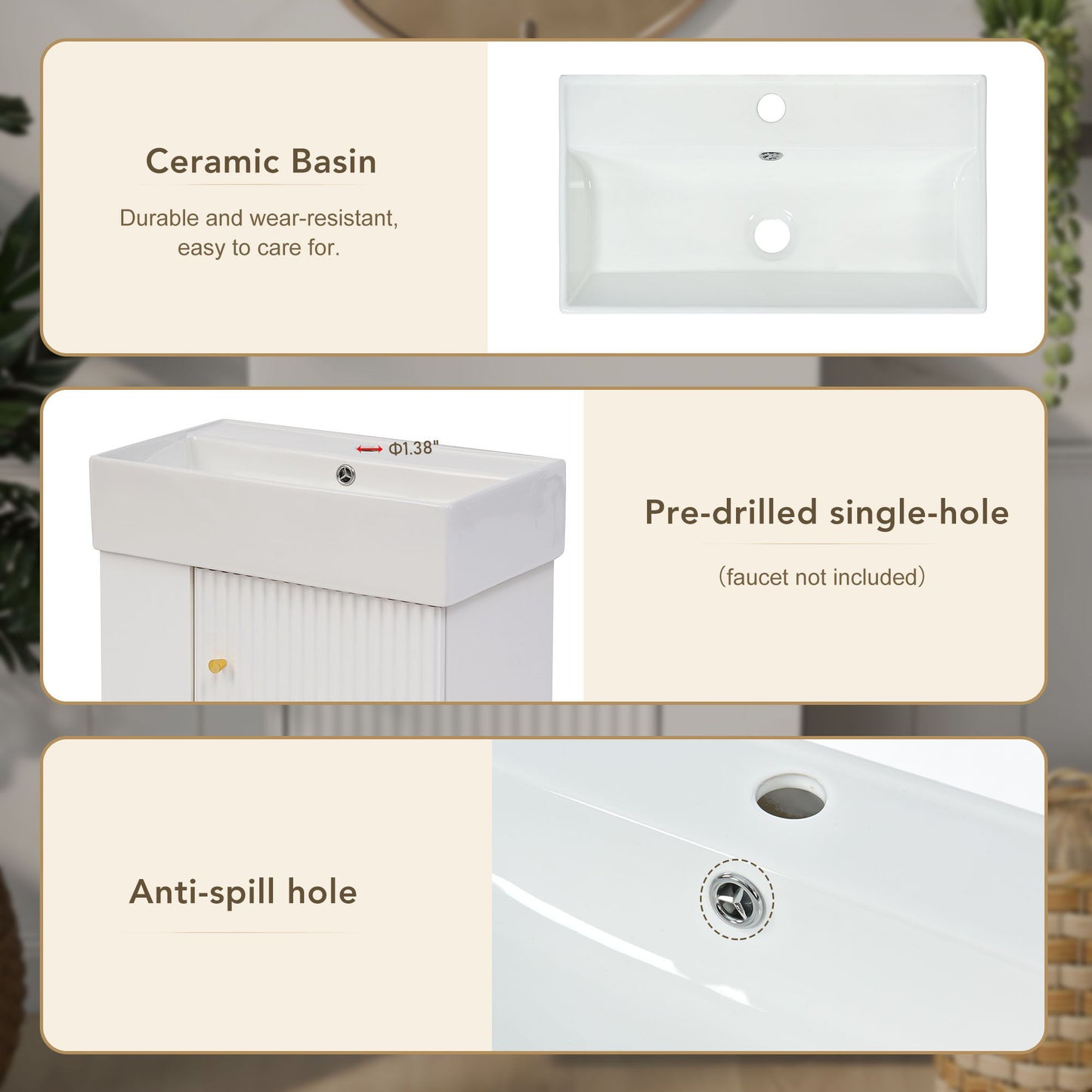 Modern Floating Bathroom Vanity With Ceramic Basin Perfect For Small Bathrooms, Left Side Storage - White