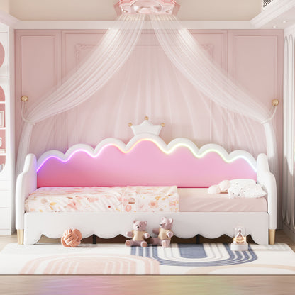 Twin Extending Daybed With LED Lights, Modern Upholstered Princess Daybed With Crown Headboard - White