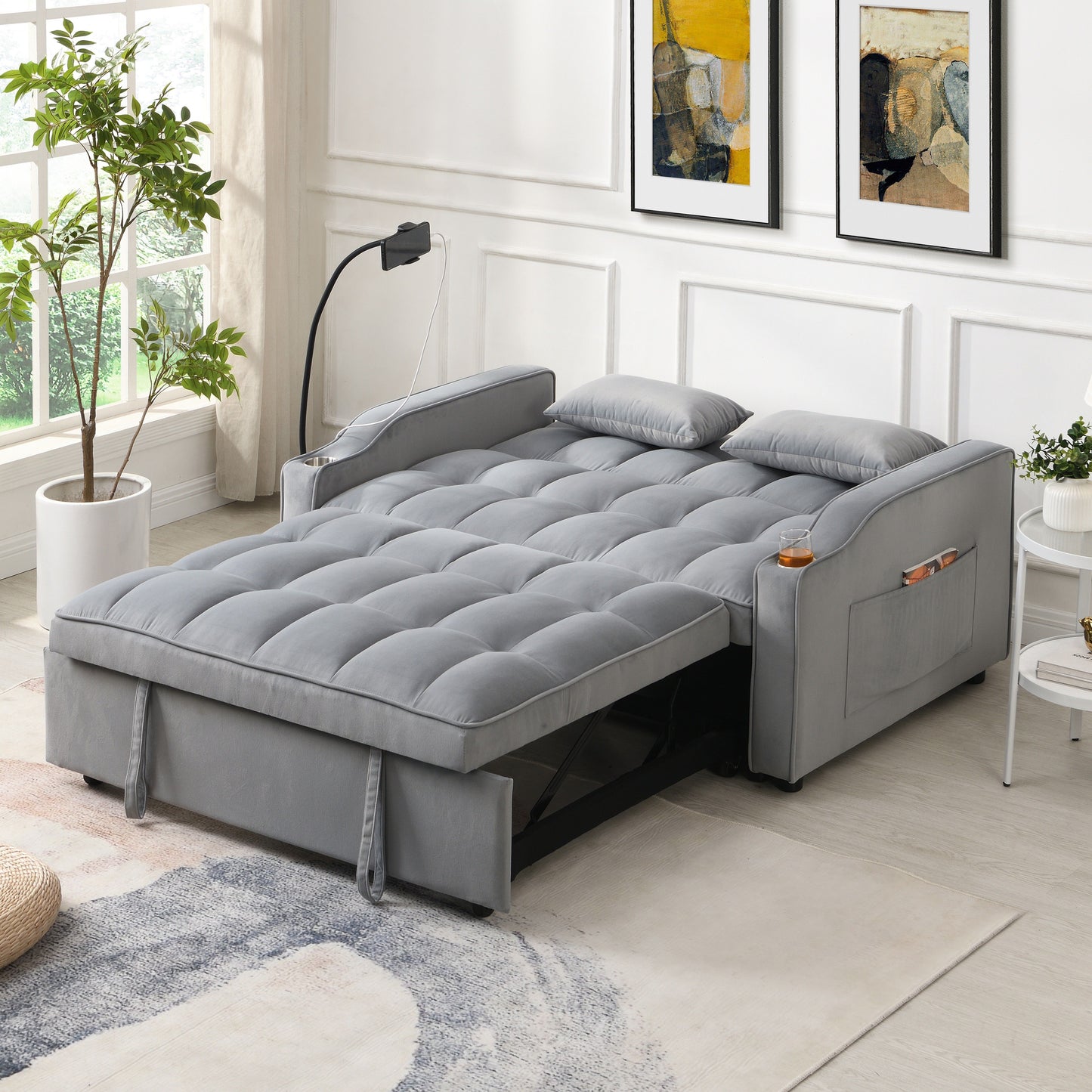 Modern Velvet Loveseat Futon Sofa Couch With Pullout Bed, Adjustable Backrest, Toss Pillows - Light Gray