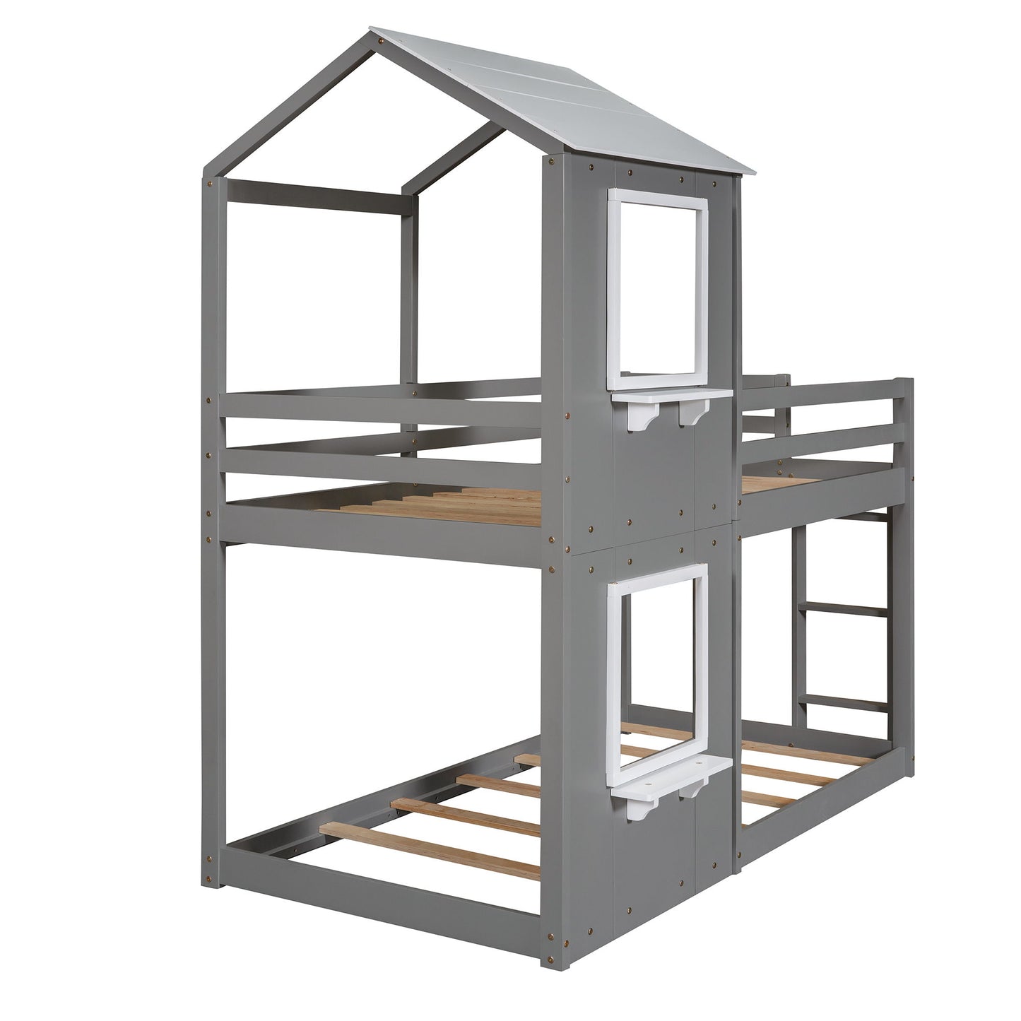 Twin Over Twin Bunk Bed With Roof, Window, Guardrail, Ladder - White