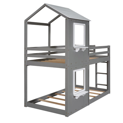 Twin Over Twin Bunk Bed With Roof, Window, Guardrail, Ladder - White