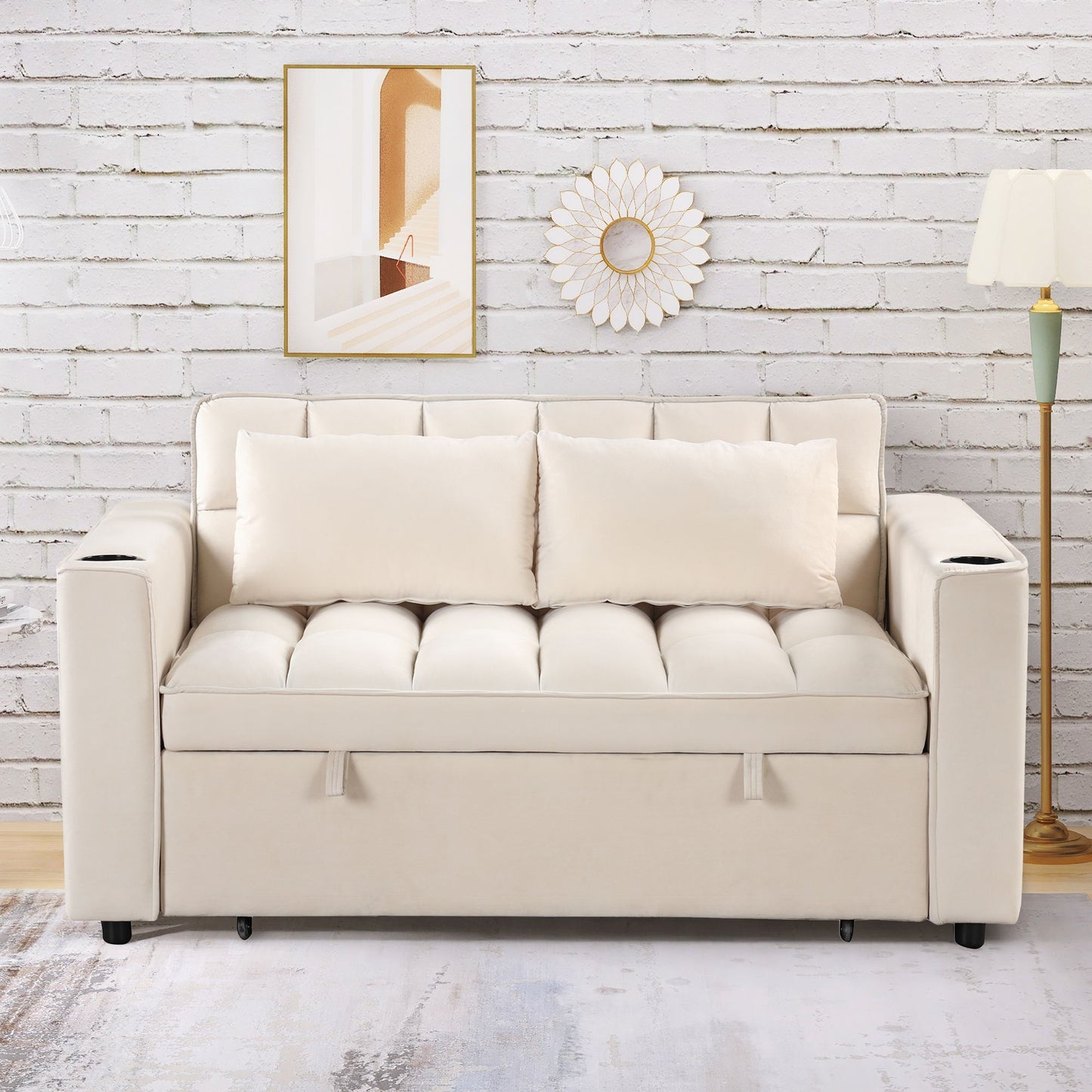 Multi Functional Sofa Bed With Cup Holder And USB Port For Living Room Or Apartments - Milk White