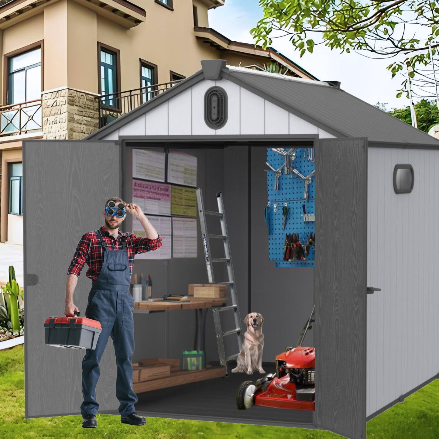Xwt012 Plastic Storage Shed For Backyard Garden Big Spire Tool Storage - Black / Gray