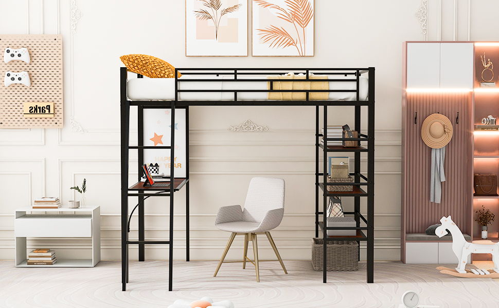 Twin Size Loft Bed With 3 Layers Of Shelves And Desk, Stylish Frame Bed - Black