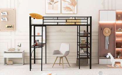 Twin Size Loft Bed With 3 Layers Of Shelves And Desk, Stylish Frame Bed - Black