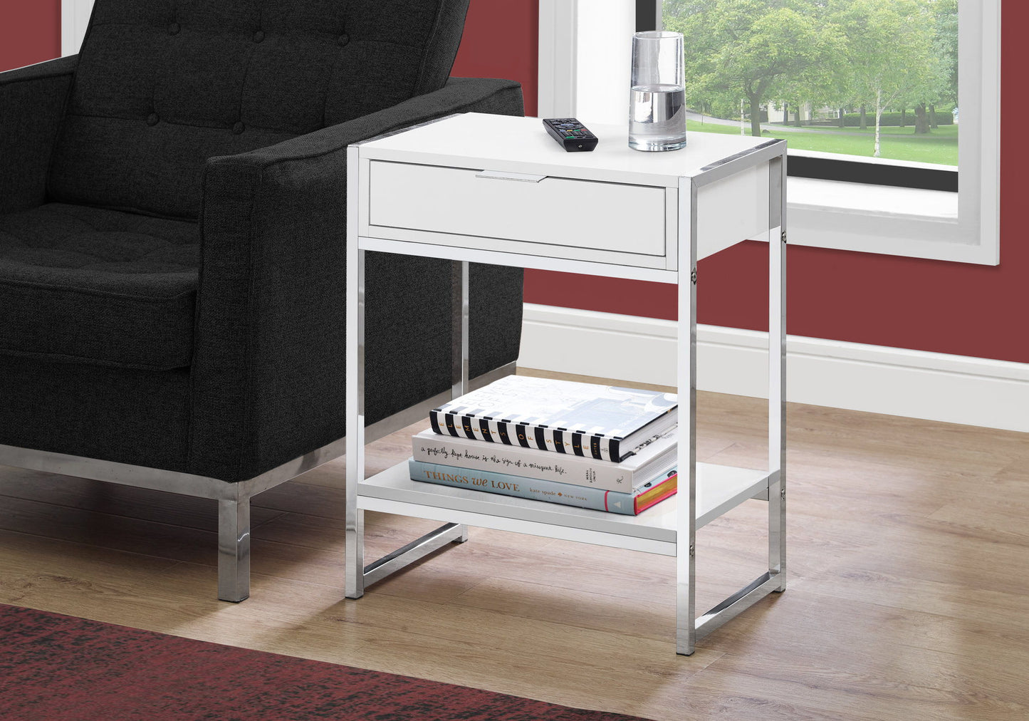 Accent Side Table, Storage Drawer, Glossy Modern - White