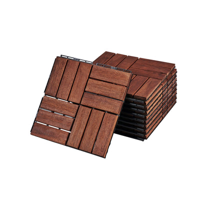 Acacia Wood Interlocking Deck Tiles Checker Pattern, 10 Piece Square Acacia Hardwood Outdoor Flooring For Patio, Bancony, Pool Side - Brown