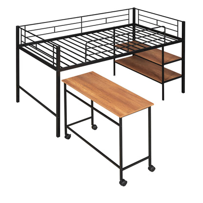 Twin Size Loft Bed With Desk And Shelves - Black