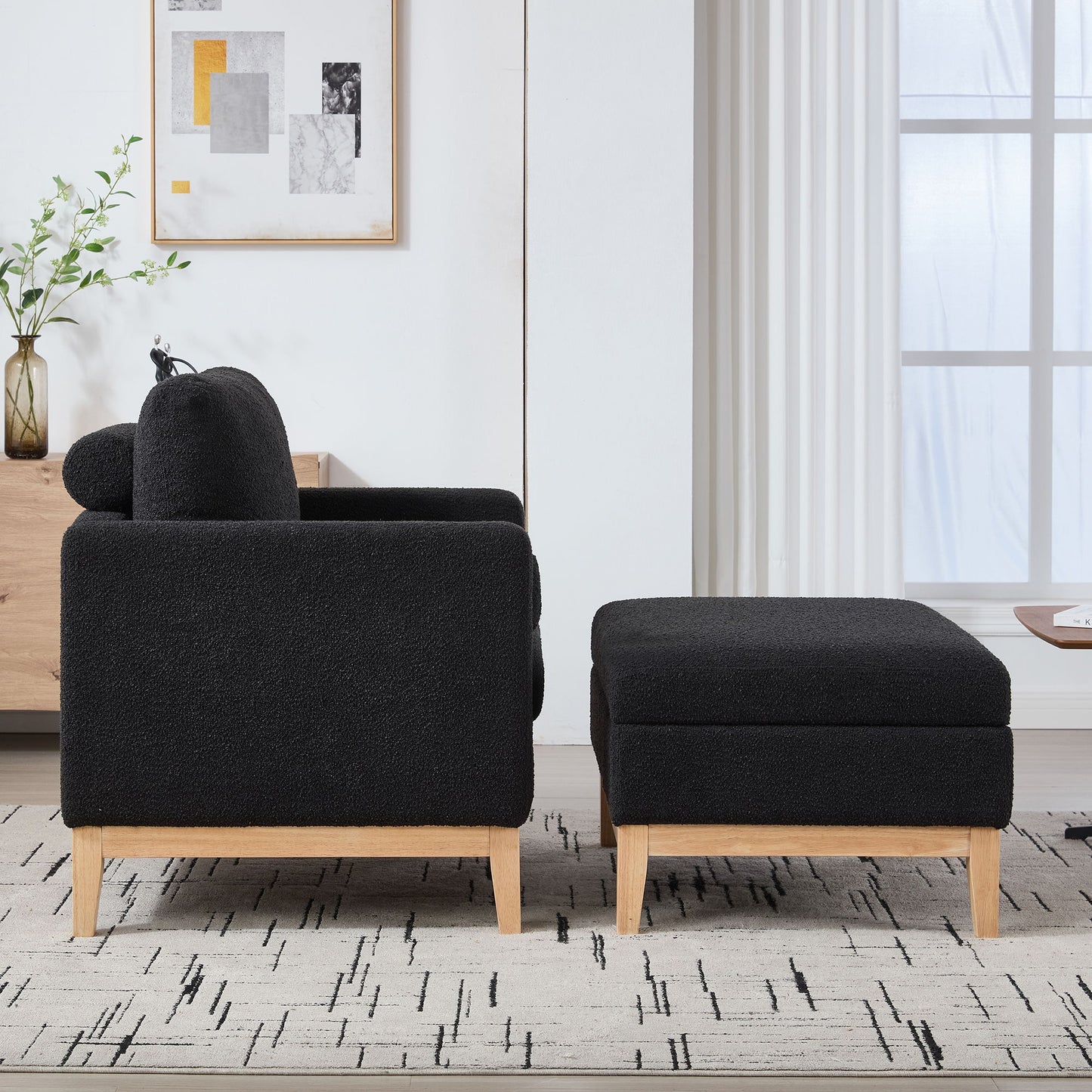 Farmhouse Upholstered Accent Chair With Ottoman Wood Base, Reversible Lid Coffee Table For Living Room - Black