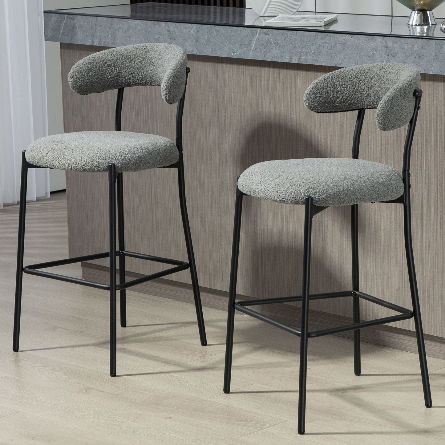 Counter Height Bar Stools Teddy Fabric Cover Kitchen Island Counter Bar Stool With Black Powder Coating Base And Footrest - Gray