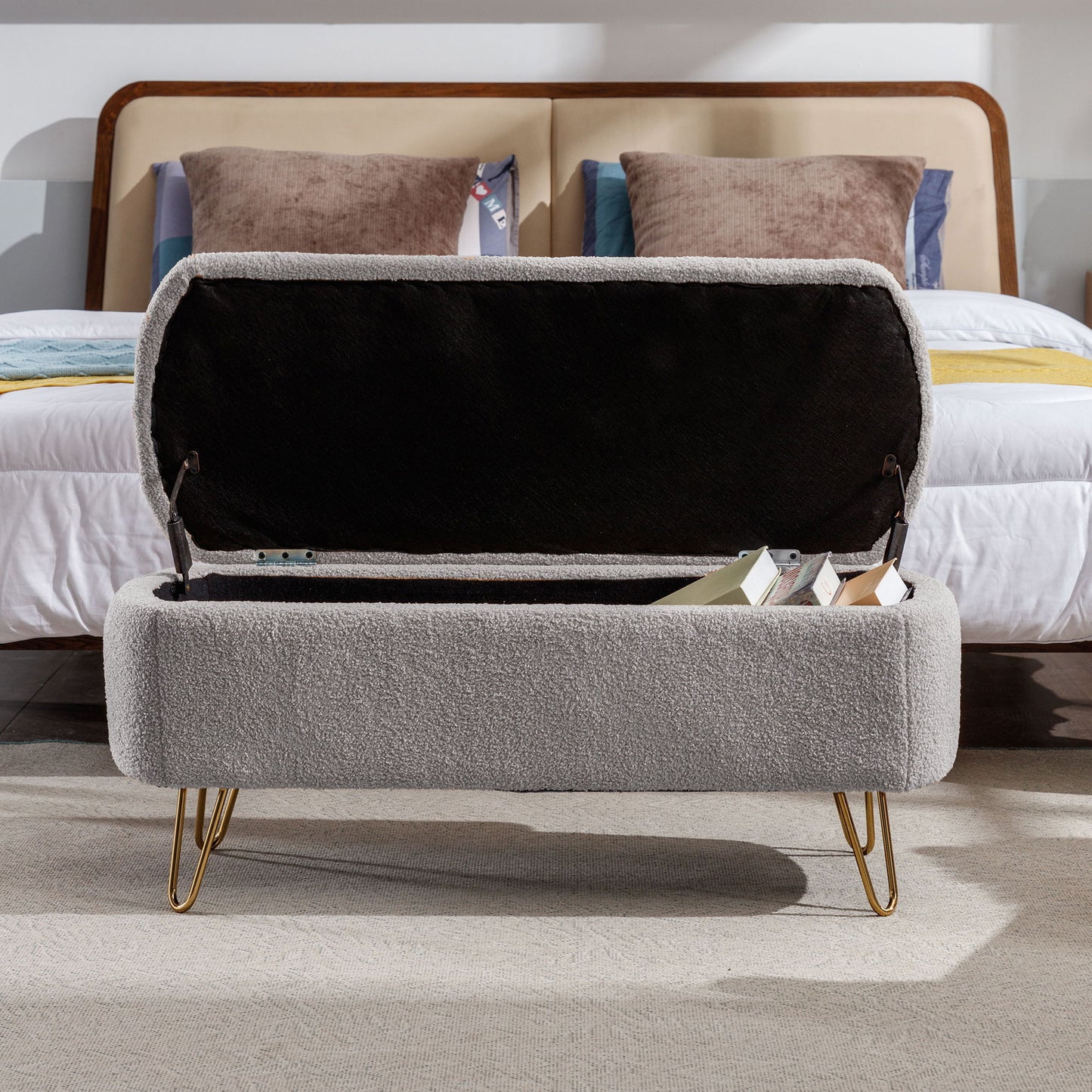 Storage Ottoman Bench For End Of Bed Gold Legs, Modern Gray Faux Fur Entryway Bench Upholstered Padded With Storage For Living Room Bedroom - Gray