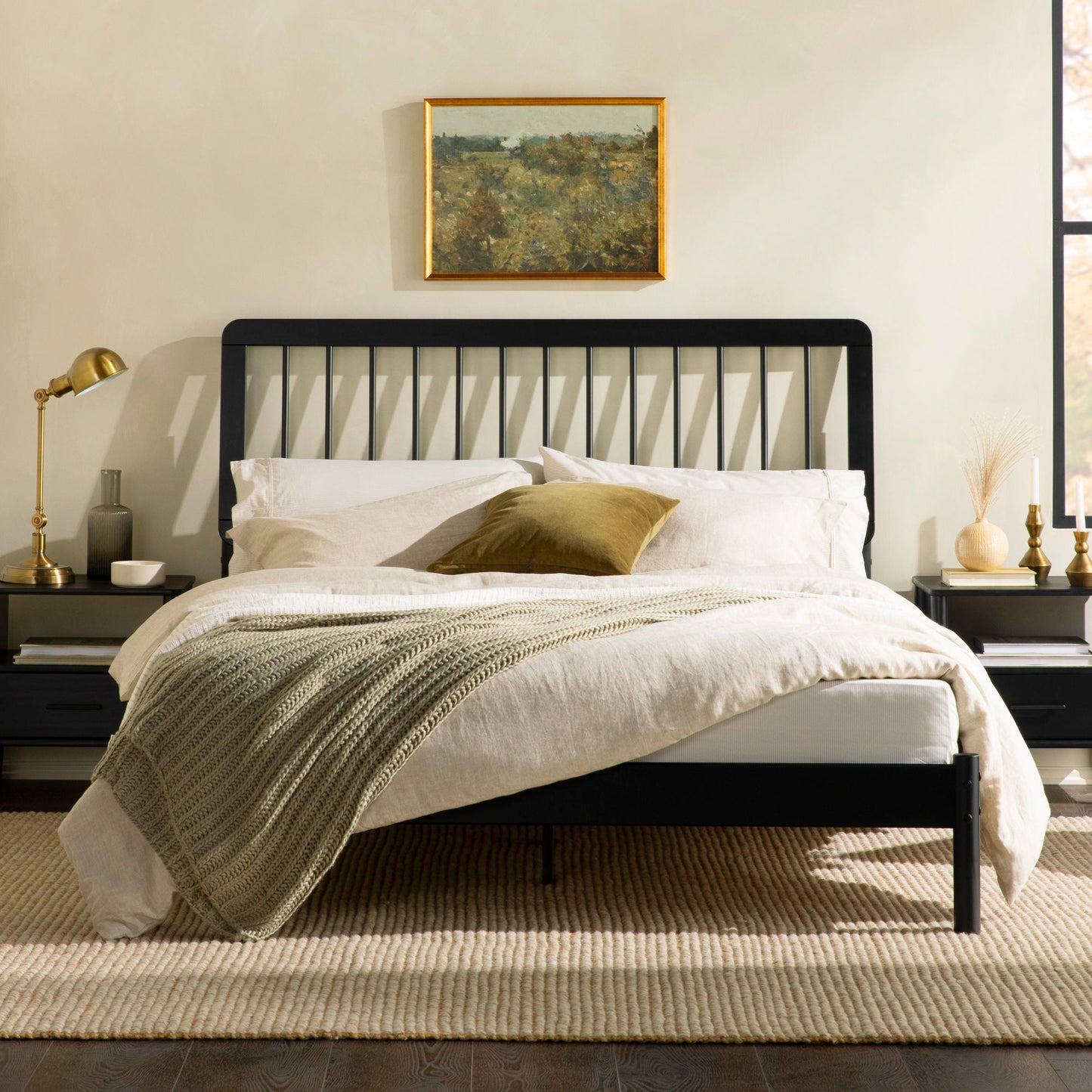 Mid-Century Modern Solid Wood Queen Spindle Bed - Black