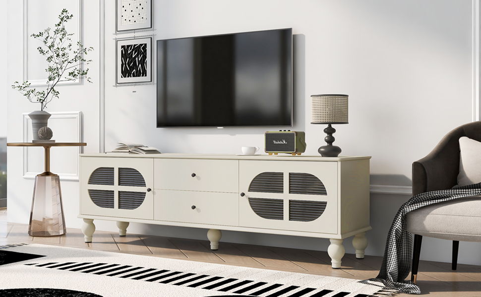 Modern TV Stand For TVs Up To 75", Entertainment Center Media Console With Fluted Glass Doors, 5 Solid Wood Legs For Living Room - Antique White