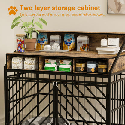 Wooden Dog Crate Furniture With Divider And Storage Drawers For Large Dogs - Rustic Brown