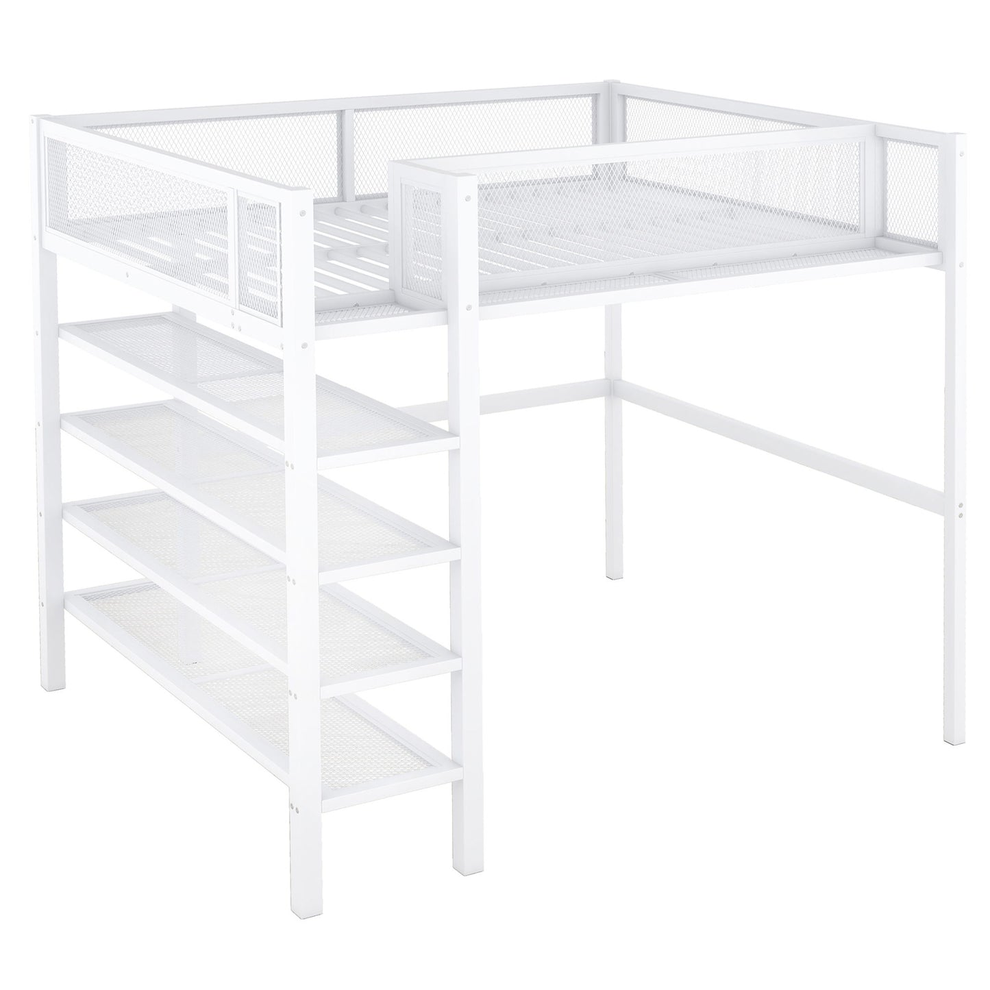 Full Size Loft Bed With 4 Tier Shelves And Storage - White