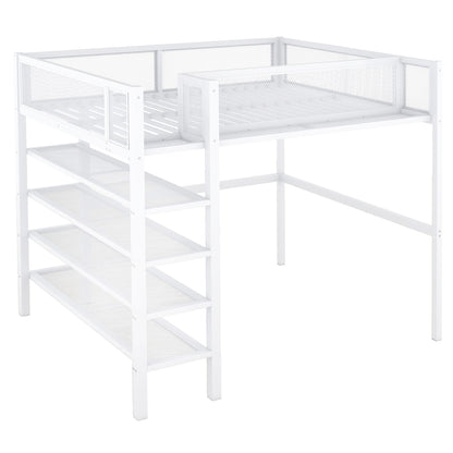 Full Size Loft Bed With 4 Tier Shelves And Storage - White