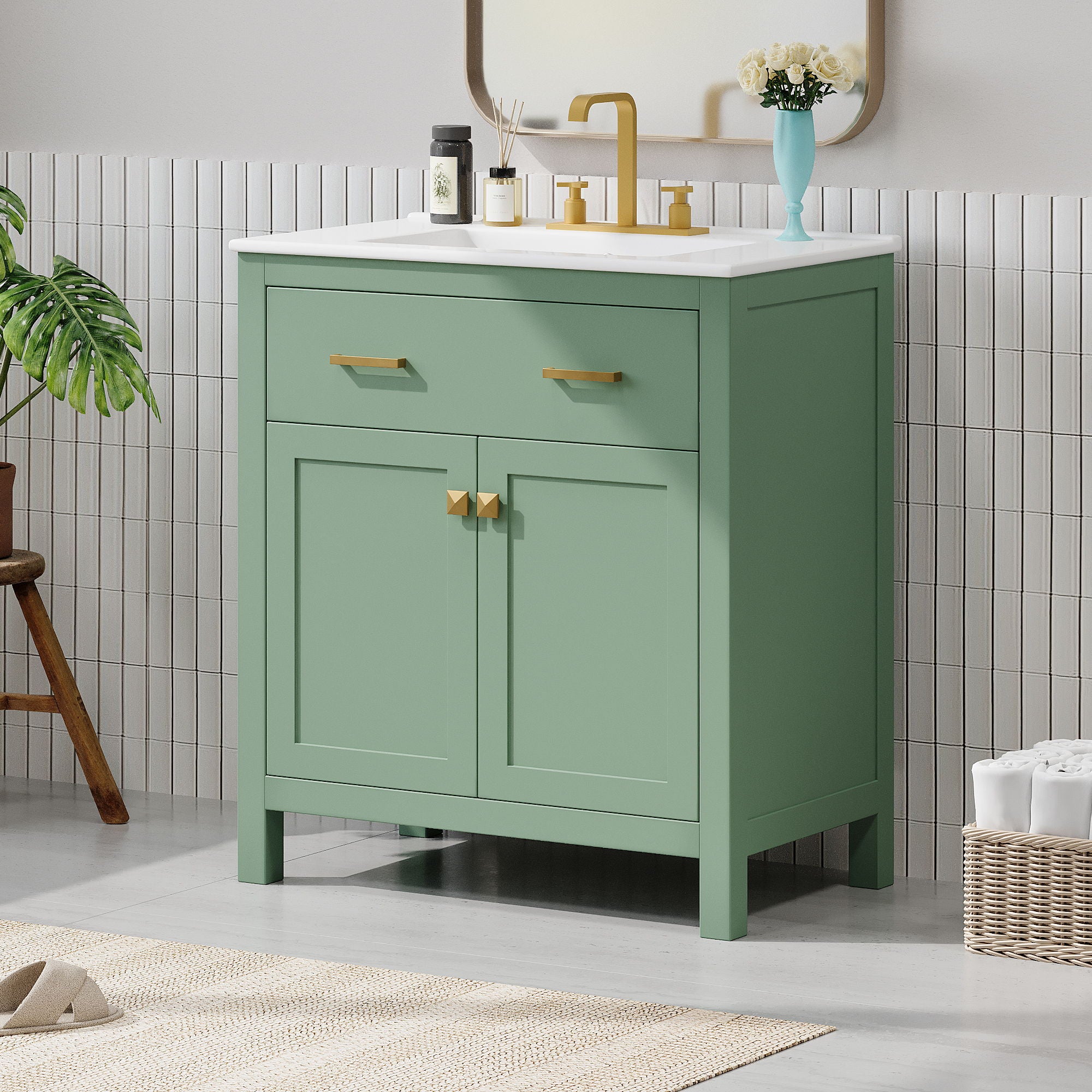 Bathroom Vanity With Ceramic Sink, Modern Single Bathroom Cabinet With 2 Doors And A Shelf, Soft Close Doors - Green