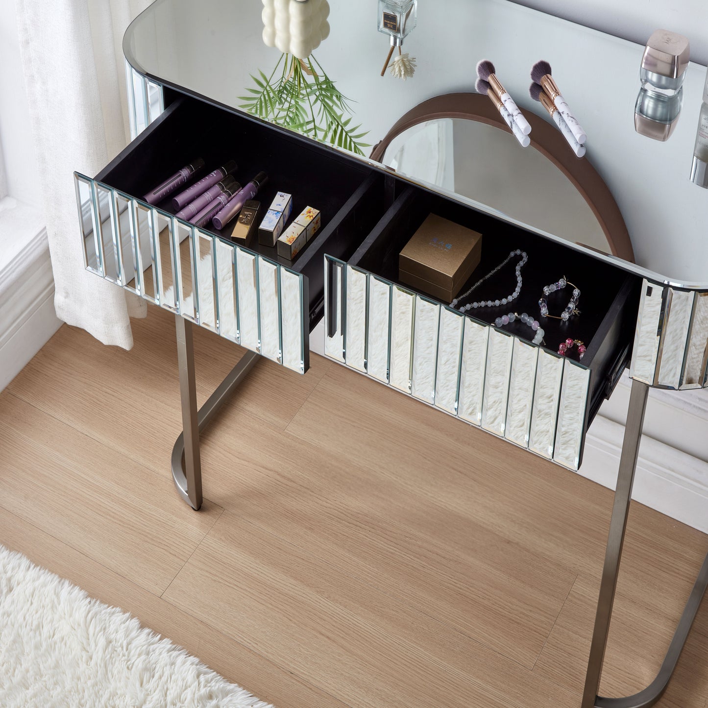 Mirrored Makeup Vanity Table With Stainless Steel Base, Mirrored Console Dressing Table With 2 Drawers, Versatile Desk For Bedroom And Office - Silver