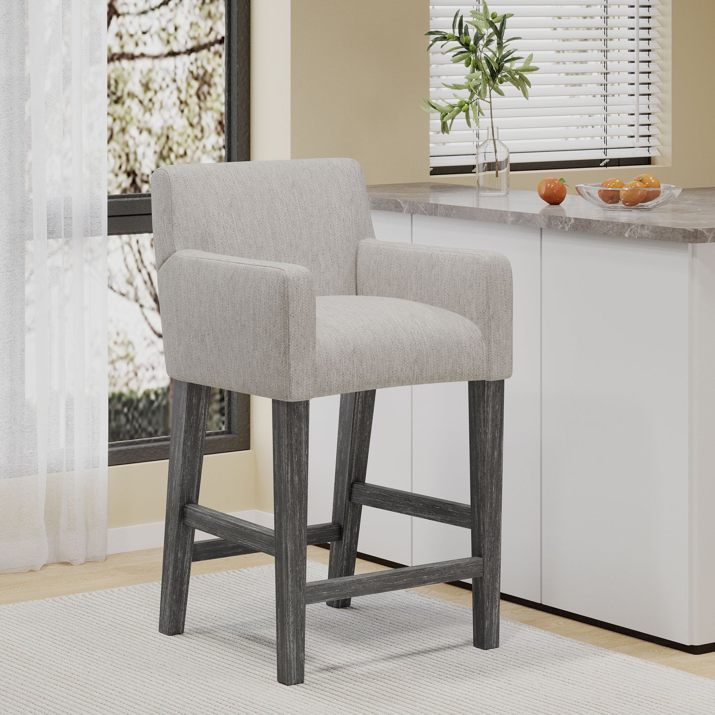 Charmed Upholstered Counter Stool With H Frame Base And Round Arms - Light Gray