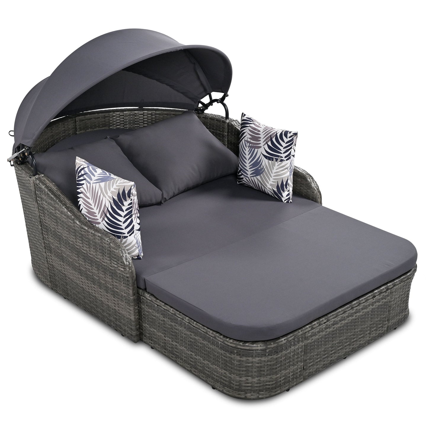 Outdoor Sunbed With Adjustable Canopy, Double Lounge, PE Rattan Daybed Wicker And Cushion - Gray