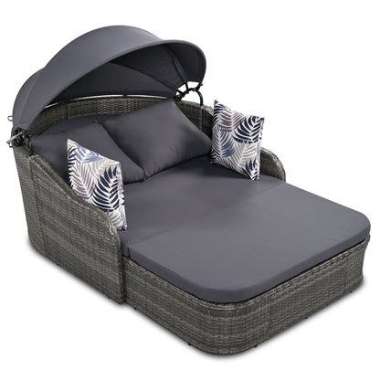 Outdoor Sunbed With Adjustable Canopy, Double Lounge, PE Rattan Daybed Wicker And Cushion - Gray