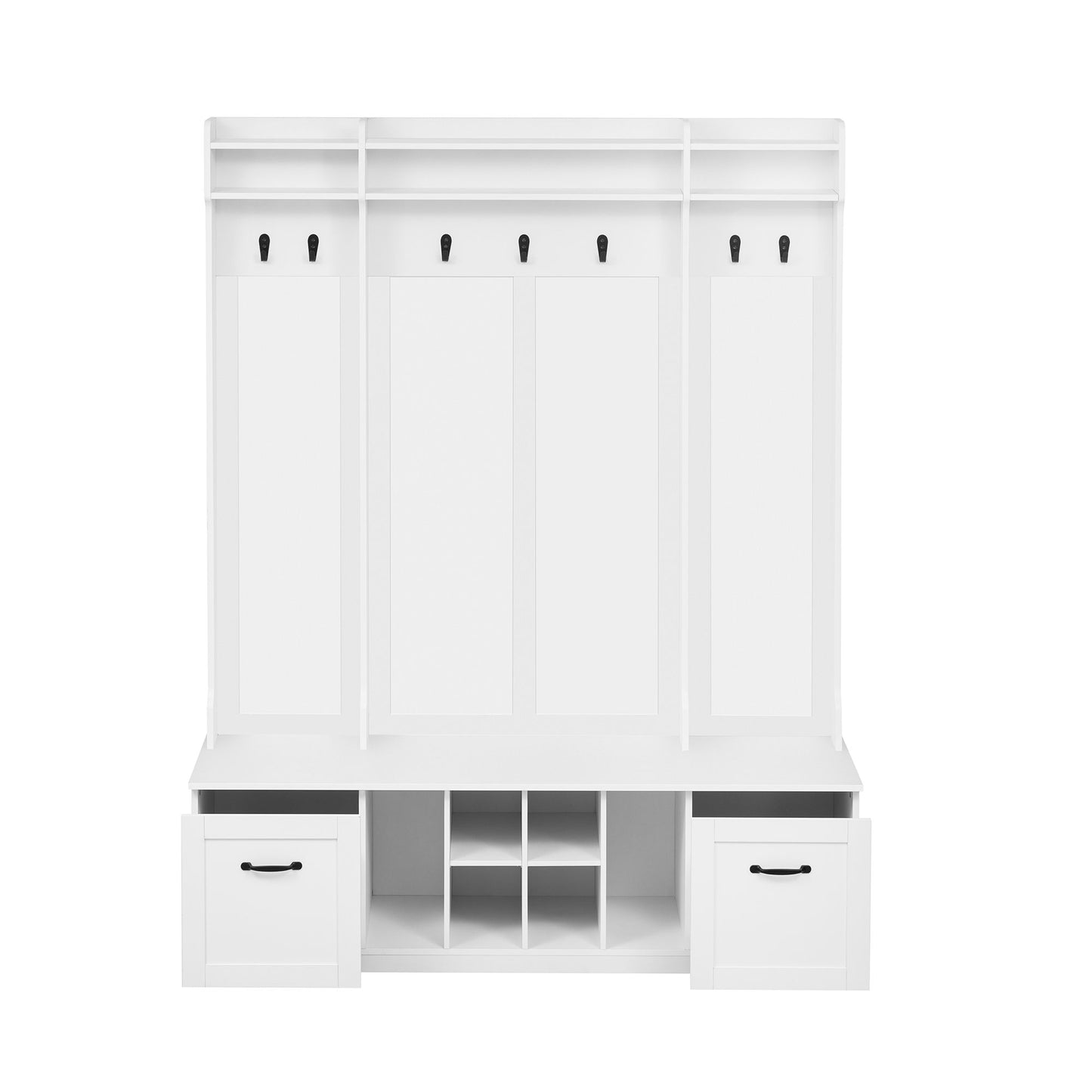 5 In 1 Entryway Bench With Coat Rack, 7 Sturdy Hooks, 2 Spacious Drawers And Adjustable Shelves, Wide Hall Tree With Metal Handles For Hallway - White