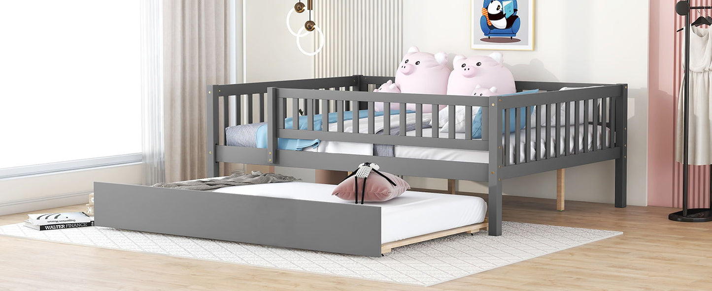 Full Size Daybed With Trundle And Fence Guardrails - Gray