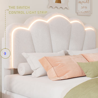 Twin Size Upholstered Flower-Shape Bed, Elegant Flowers Headboard With LED Light Strip, Sherpa Fabric Platform Bed With Slats Support - White