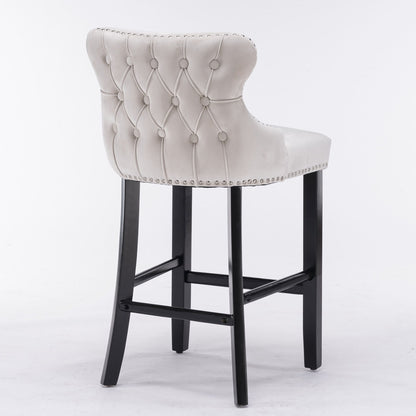Contemporary Velvet Upholstered Wing-Back Barstools With Button Tufted Decoration And Wooden Legs, And Chrome Nailhead Trim, Leisure Style Bar Chairs, Bar Stools (Set of 4) - Beige