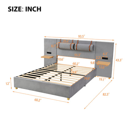 Queen Upholstered Platform Bed, 2 Outlets And USB Charging Ports On Both Sides, 2 Bedside Pillows, Storage Shelves - Gray