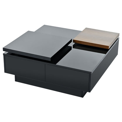 Movable Top Coffee Table, Modern Square Wood Coffee Table With High Gloss Finish, 4 Hidden Storage Drawers For Living Room - Black