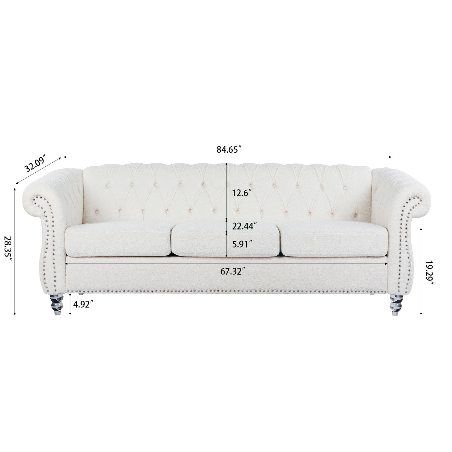 Rolled Arm Chesterfield 3 Seater Sofa - White