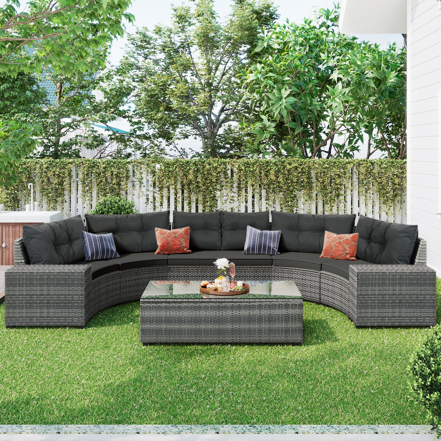 8 Pieces Outdoor Wicker Round Sofa Set, Half-Moon Sectional Sets All Weather, Curved Sofa Set With Rectangular Coffee Table, PE Rattan Water-Resistant And UV Protected, Movable Cushion - Gray