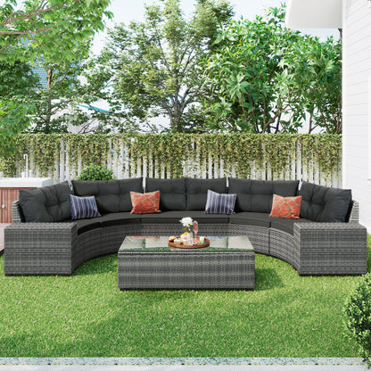 8 Pieces Outdoor Wicker Round Sofa Set, Half-Moon Sectional Sets All Weather, Curved Sofa Set With Rectangular Coffee Table, PE Rattan Water-Resistant And UV Protected, Movable Cushion - Gray