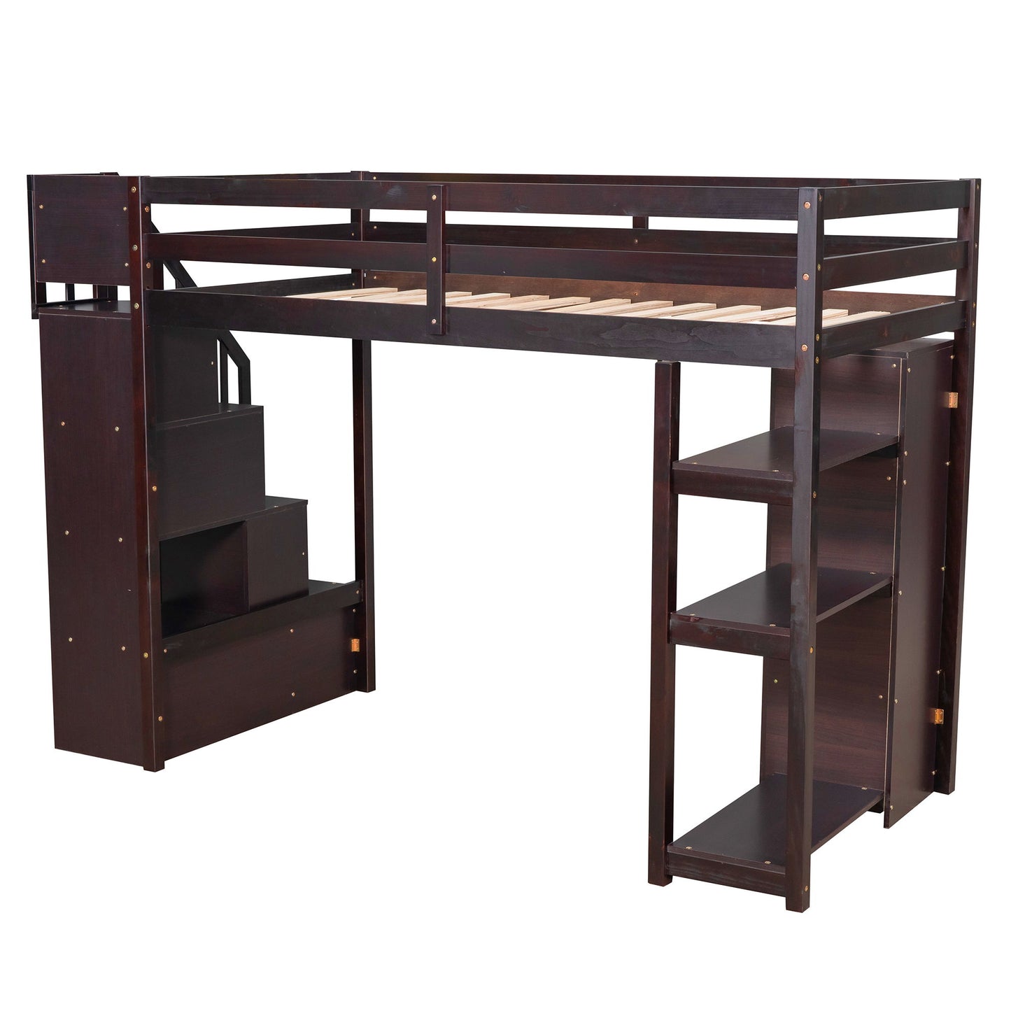 Twin Size Loft Bed With Storage Drawers And Stairs With Shelves - Espresso