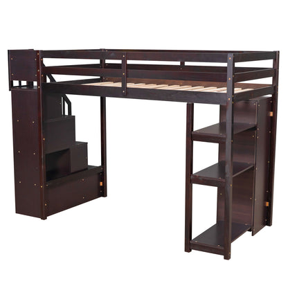 Twin Size Loft Bed With Storage Drawers And Stairs With Shelves - Espresso