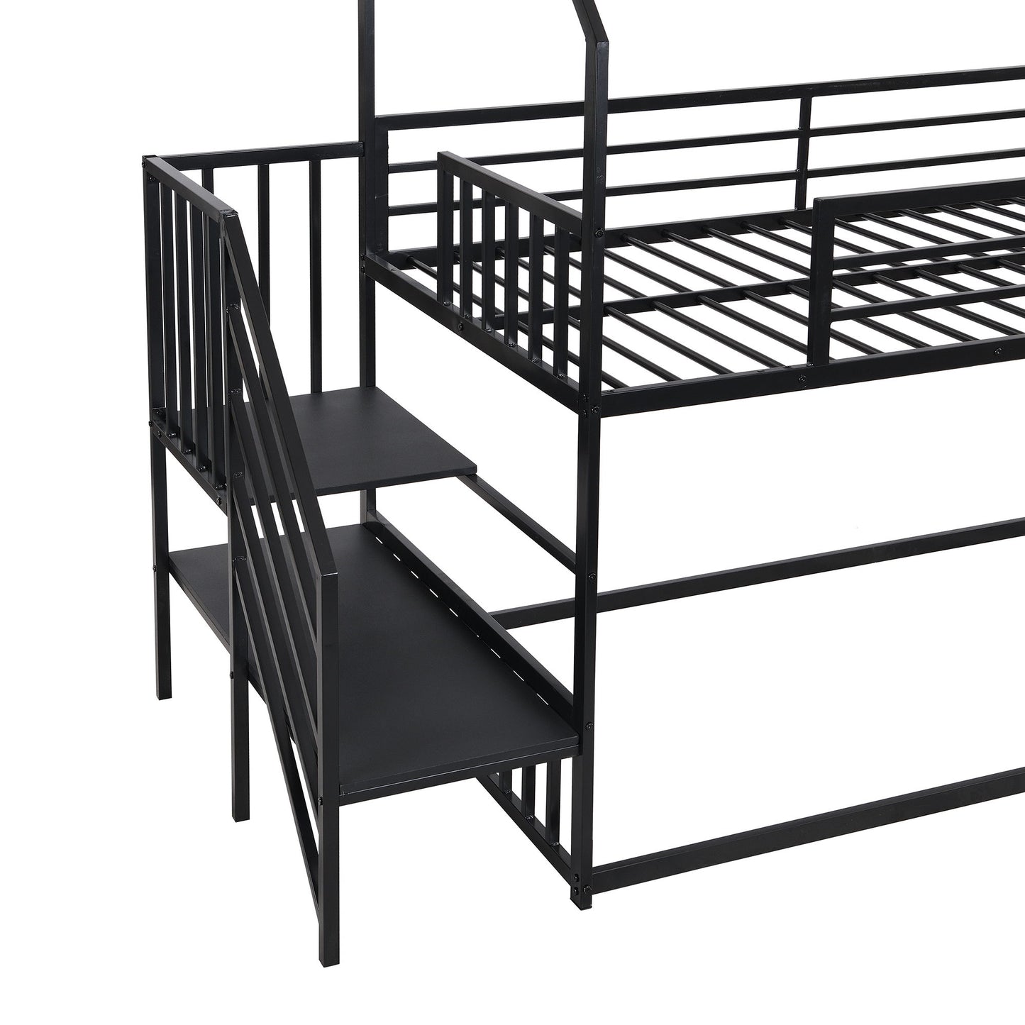 Twin Size Metal Bunk Bed House Bed With Slide And Staircase - Black
