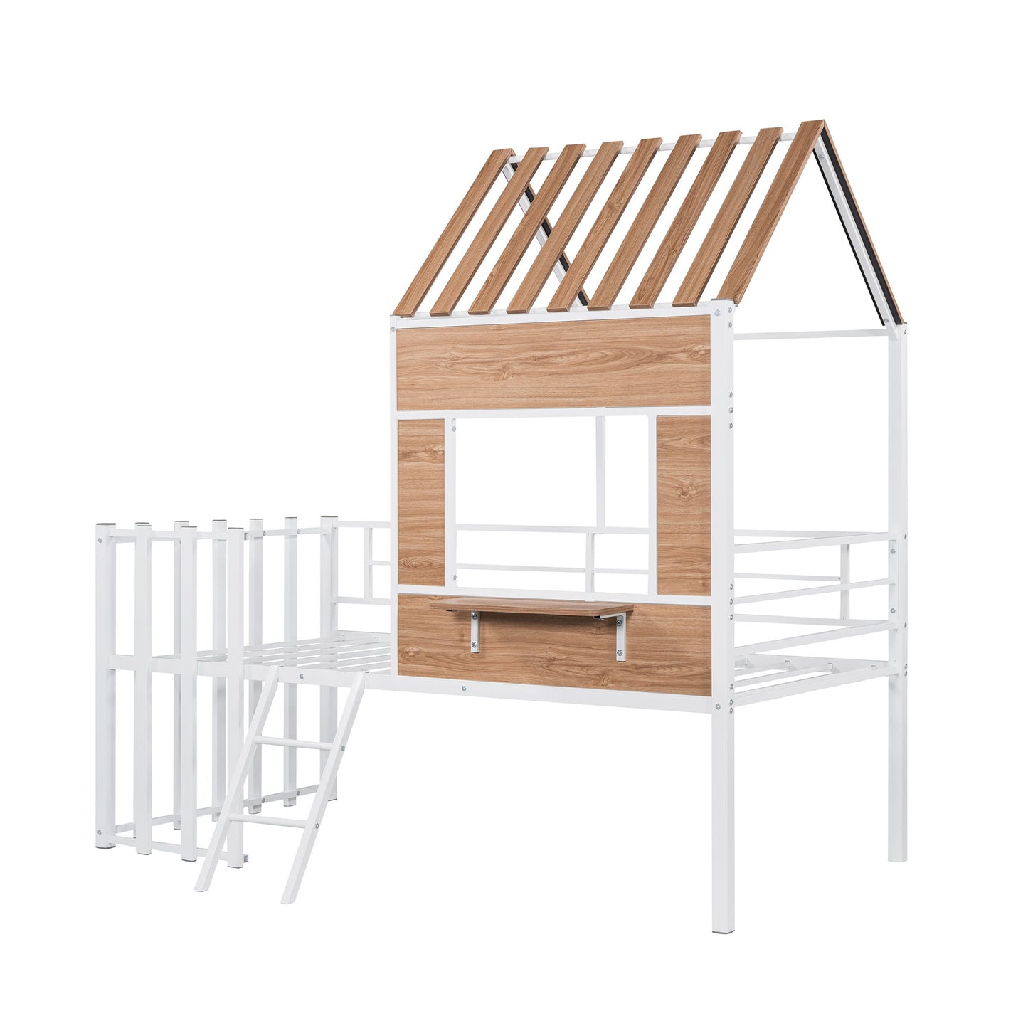 Twin Size Loft Bed With Roof, Window, Guardrail, Ladder - White