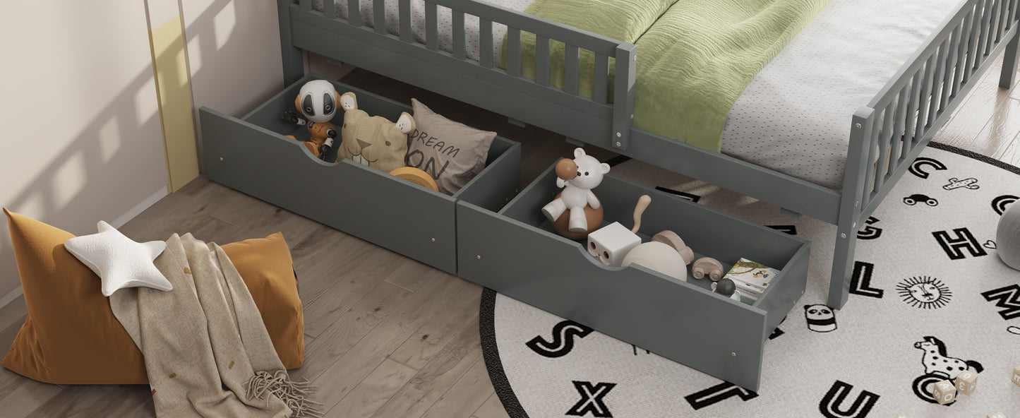 Full Size Platform Bed With Guardrails On Both Sides And 2 Storage Drawers - Gray