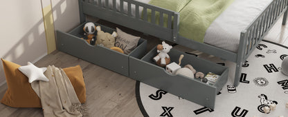 Full Size Platform Bed With Guardrails On Both Sides And 2 Storage Drawers - Gray
