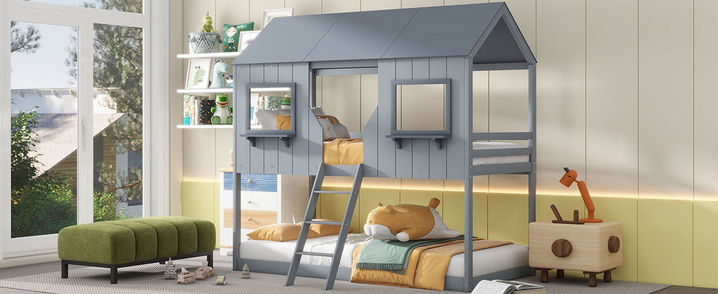 Twin Over Twin Bunk Bed With Roof, Window, Guardrail, Ladder - Gray