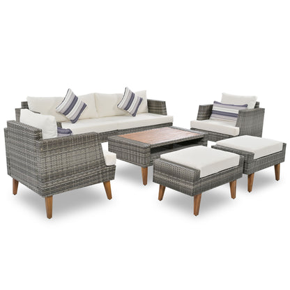 6 Pieces All Weather Sofa Set, Outdoor Rattan Sofa With Double Cushions, Wood Legs Wood Table Top - Beige / Gray